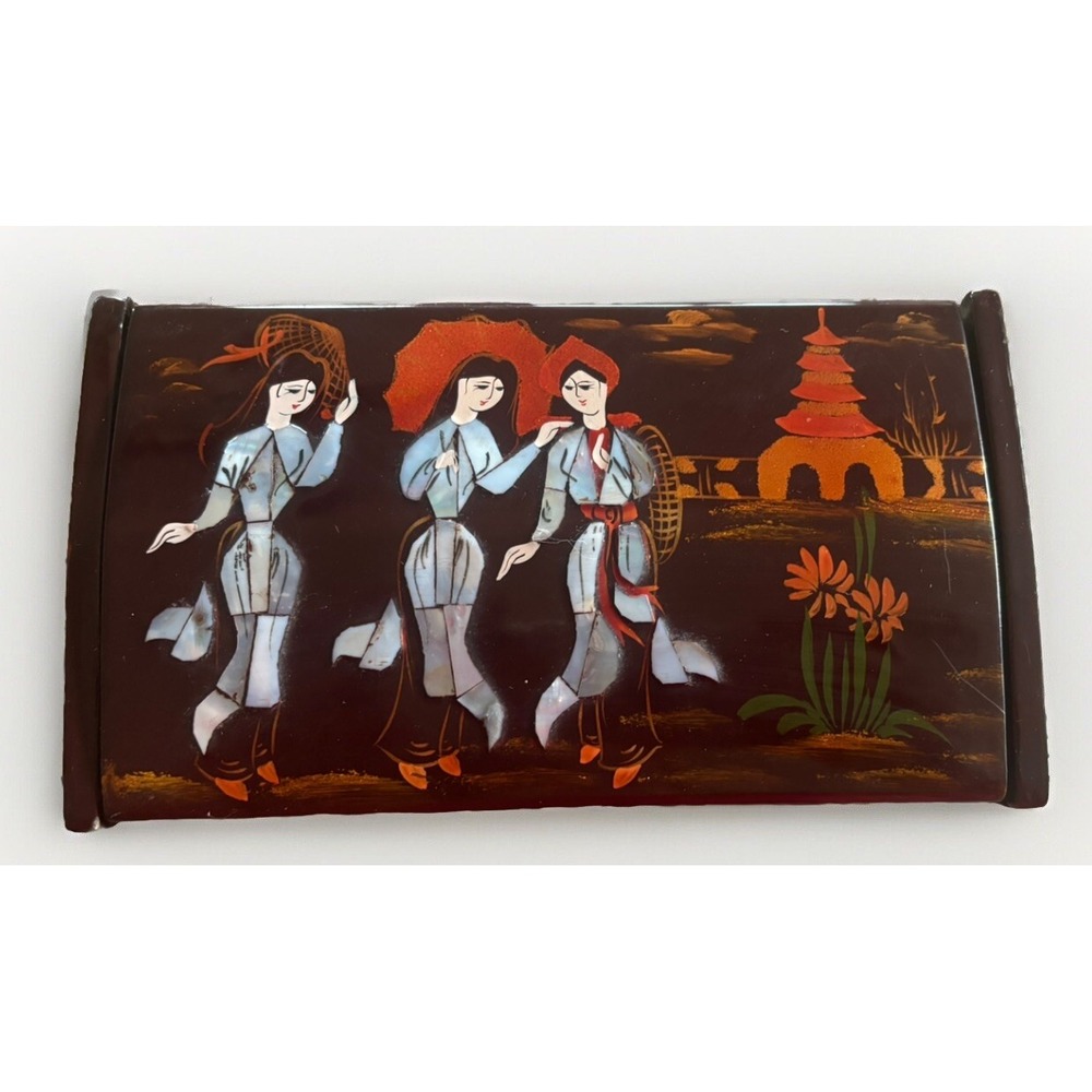 Vintage Brown Lacquer Trinket Jewelry Box Geisha Girls Lady Inlaid Abalone Asian